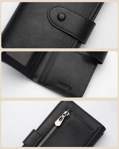 Vista 6 de Cartera de cuero con bloqueo RFID para mujeres, diseño delgado de triple pliegue con 14 ranuras para tarjetas y bolsillo con cremallera, Negro