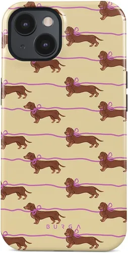 Vista 62 de BURGA-Funda p/teléfono compatible c/iPhone 14 Plus, carcasa rígida híbrida de 2 capas + Funda protectora de silicona, almendras latte a lunares