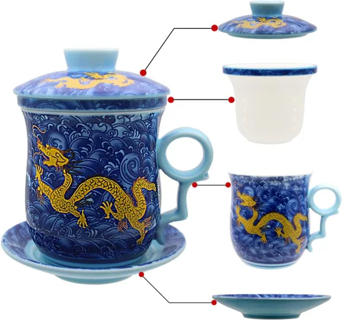 Vista 17 de Taza de té de porcelana con tapa de infusor y juegos de platillos – Taza de café de cerámica china Jingdezhen Taza de té de hoja suelta Sistema