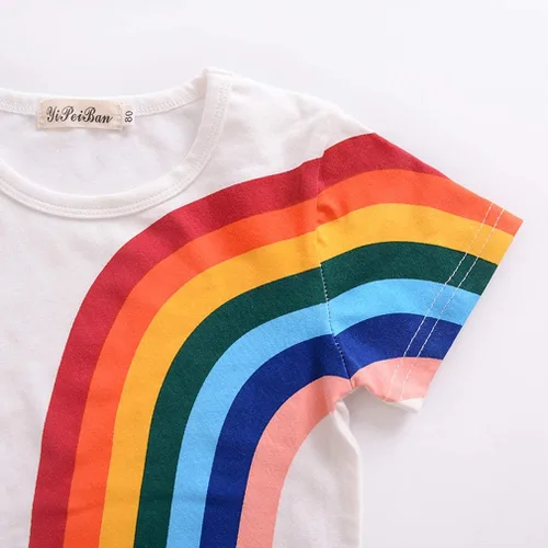 Vista 5 de Camiseta de manga corta con borlas, diseño de arco iris, a rayas, para el verano, para niños y niñas