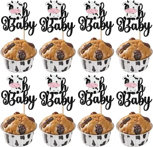 Vista 15 de Rsstarxi Paquete de 36 adornos para cupcakes con diseño de vaca, dos decoraciones para cupcakes de animales de granja con zoom de 2º cumpleaños