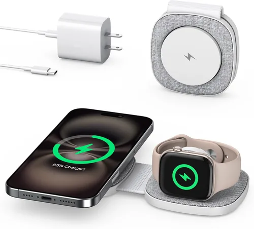Vista 9 de Cargador inalámbrico plegable 2 en 1 Mag-Safe para iPhone 16 15 14 13 12 Series, Apple Watch Series/Ultra/SE, Airpods/Pro, cargador Magsafe portátil