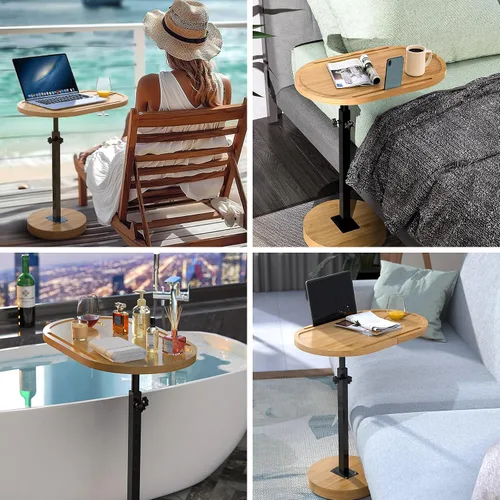 Vista 8 de NiHome Mesa giratoria grande de bambú para TV con base gruesa estable que no se vuelca, bandeja de mesa de sofá de altura ajustable, mesa auxiliar