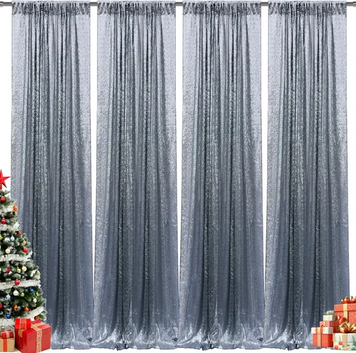 Vista 16 de 2 paneles de cortinas de fondo de lentejuelas verdes de 8 pies, cortinas de fondo de fotografía con purpurina para decoración de Navidad, boda