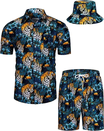 Vista 91 de TUNEVUSE Conjunto de camisas y pantalones cortos hawaianos para hombre, 2 piezas, trajes de playa con estampado de flores, traje tropical de verano