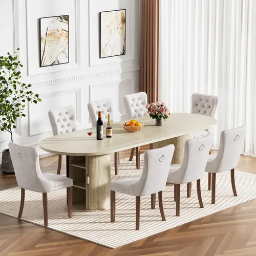Vista 11 de Mesa de comedor redonda extensible de 94 pulgadas con base de almacenamiento, mesa de comedor expandible natural para 10, mesa de comedor de madera