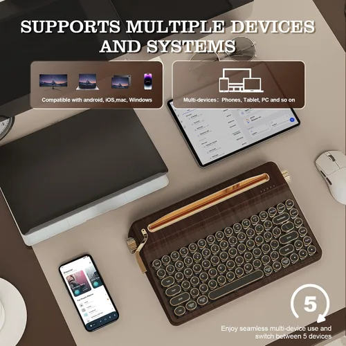 Vista 4 de YUNZII QL75 Wireless Typewriter Hot Swap Retro Mechanical Keyboard,Punk Round Keycaps,RGB Backlit QMK/VIA Programmable, Multi-Device Keyboard with