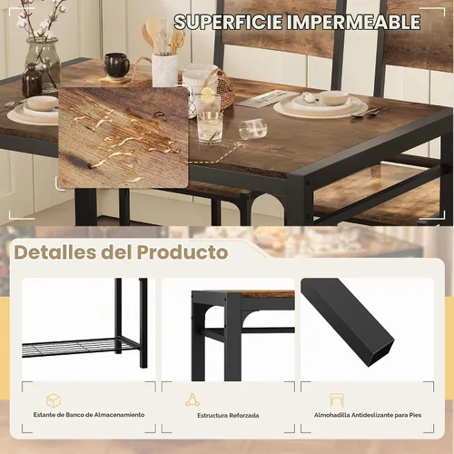 Vista 7 de Shahoo Mesa de cocina y 2 sillas para 4 personas con banco, juegos de comedor de 4 piezas para espacios pequeños, color marrón