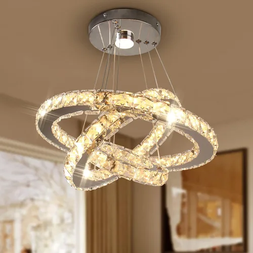 Vista 10 de Lámparas de araña LED de cristal, lámpara colgante moderna para comedor, lámpara de techo ajustable con 3 anillos, de acero inoxidable, blanco frío