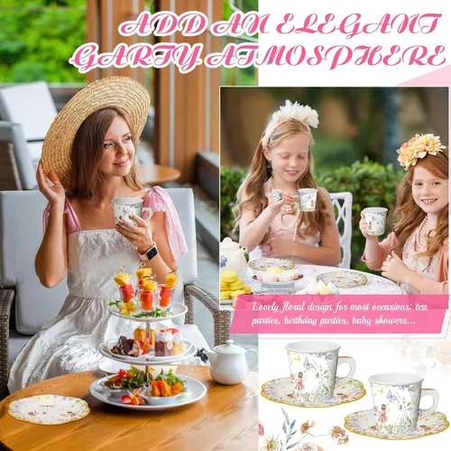 Vista 6 de Umigy 60 juegos de decoraciones para fiestas de té, 6.5 onzas, tazas de té de papel floral de hadas con asa y platos, juegos de tazas de té y Azul