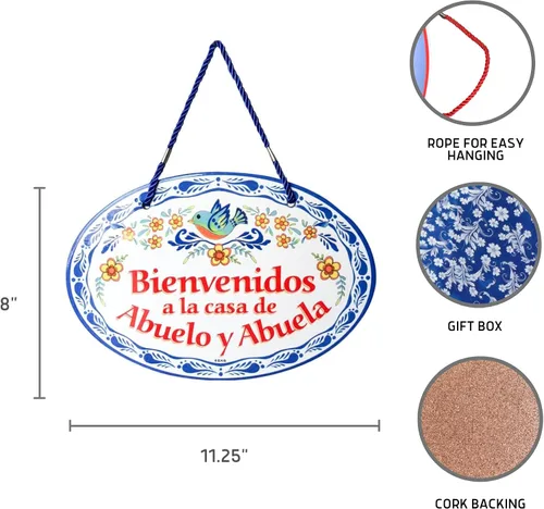 Vista 2 de Oktoberfest Haus - Obra de arte tradicional latina "Bienvenidos a la Casa de Abuelo y Abuela", de cerámica de 8.75 x 6 pulgadas, letrero de puerta