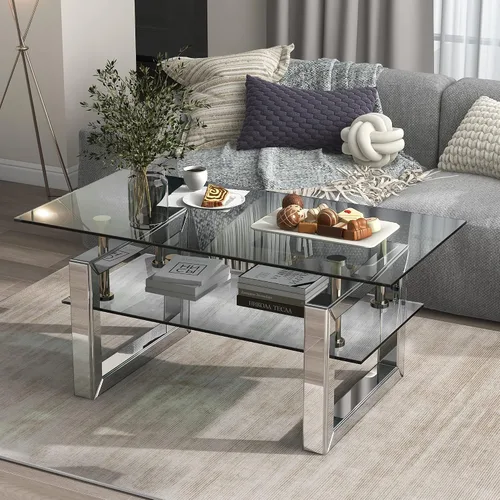 Vista 4 de Mesa auxiliar rectangular de vidrio con patas de tubo de metal plateado, mesa de centro de vidrio templado, mesas auxiliares modernas para sala