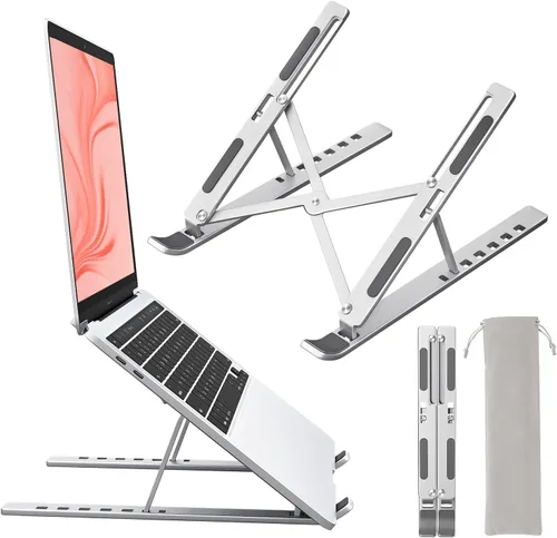 Vista 10 de Soporte para computadora portátil para escritorio, altura y ángulo ajustables, elevador portátil de aluminio para laptop y soporte para monitor