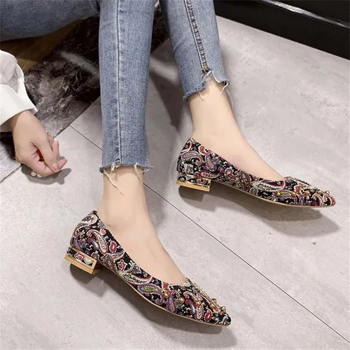 Vista 6 de Zapatos planos de ballet para mujer a la moda con diamantes de imitación de perla y punta puntiaguda, estilo retro, bordado cómodo, formal