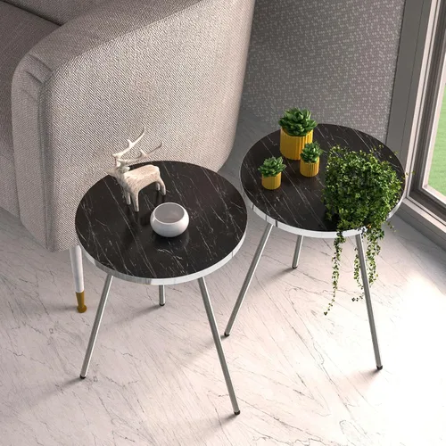 Vista 4 de Juego de 2 mesas auxiliares redondas de madera con aspecto de mármol, mesa auxiliar anidable para espacios pequeños, mesita de noche, mesa de noche