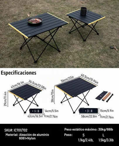 Vista 3 de iClimb - Mesa de camping ultraligera y compacta plegable con bolsa de transporte (color negro - L) con bolsa de transporte, para camping