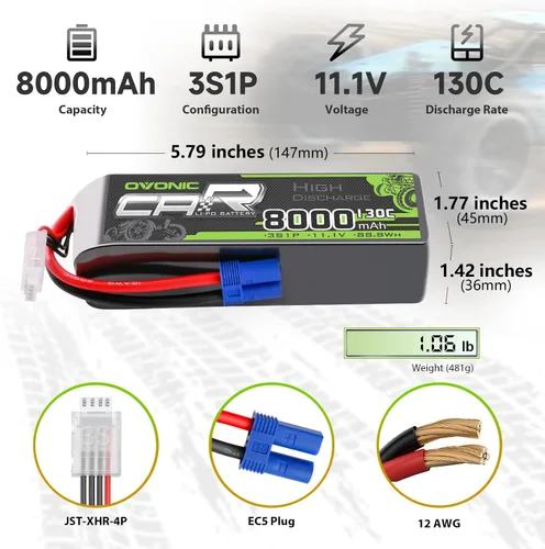 Vista 2 de OVONIC 3S LiPo Batería 8000mAh 11.1V 130C RC Batería con conector EC5 (paquete de 2)