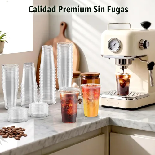 Vista 7 de Paquete de 100 tazas de café helado Ratio Lines de 16 onzas con tapas y popotes, sin adivinar bebidas consistentes, vasos desechables de plástico