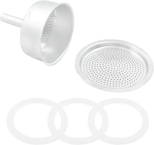 Vista 7 de Waziaqoc Espresso Moka - Kit de embudo de repuesto de 6 tazas, 1 filtro de aluminio con 3 paquetes de sellos de junta de repuesto