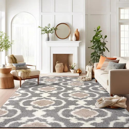 Vista 7 de Alfombra de área peluda para interior, cómoda, estilo entretejido marroquí, Polipropileno, Gris/Crema