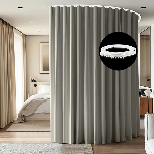 Vista 13 de Divisor de habitación con rieles para cortinas montadas en el techo, juego extra ancho de cortinas opacas con rieles flexibles para dormitorio
