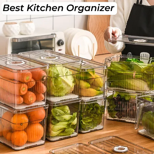 Vista 4 de Paquete de 2 organizadores transparentes para refrigerador y almacenamiento, contenedores organizadores de plástico para refrigerador con asa