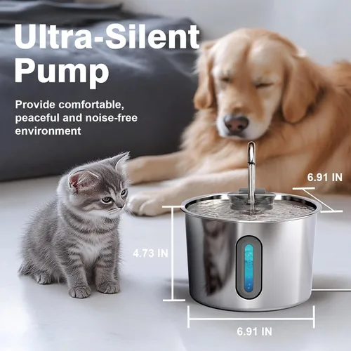 Vista 4 de Fuente de agua para gatos, fuente para gatos de 74 onzas / 2.2 L para beber, fuente de agua para mascotas, acero inoxidable para gatos