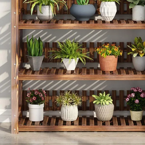 Vista 6 de Soporte de madera para plantas de 4 niveles, fácil de montar, estante de madera multifuncional para plantas, soporte de madera para múltiples
