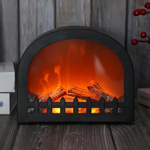 Vista 10 de Farol de chimenea pequeño y acogedor tradicional realista con efecto de llama de leña, luz LED, estilo carbón, lámpara de mesa