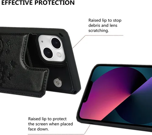 Vista 4 de iCoverCase Funda cartera compatible con iPhone 13 con soporte para tarjetas para mujeres, funda con correa de muñeca de cuero PU en relieve