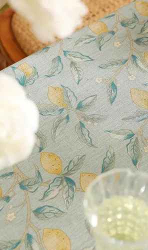 Vista 6 de [Usado] patdrea Mantel largo de lino de diseño verde para mesa rectangular, mantel vintage transpirable con patrón de frutas amarillas, funda