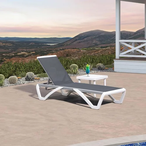 Vista 47 de PURPLE LEAF Juego de 3 tumbonas para patio con brazo y mesa, plástico Caqui