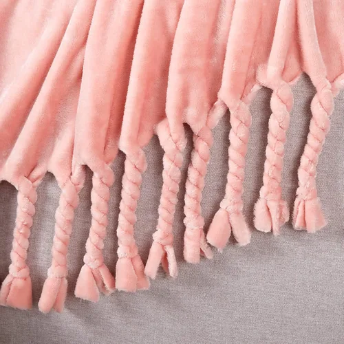 Vista 4 de Homiest Manta de forro polar con flecos, suave y acogedora manta de franela rosa claro, manta decorativa ligera para sofá, cama, silla para todas