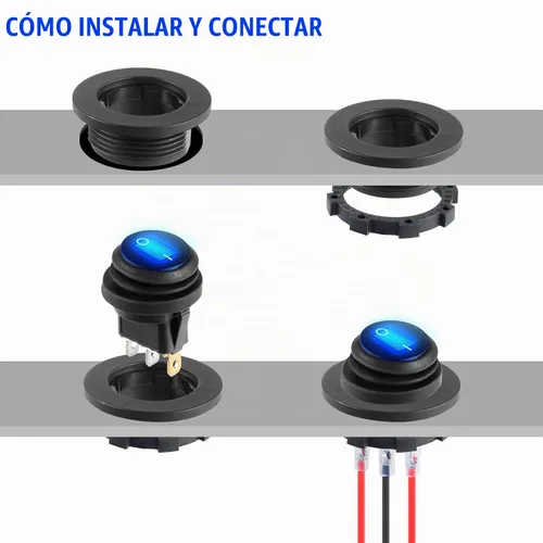 Vista 6 de Interruptor de palanca de 12 voltios, impermeable, 2 unidades, panel de interruptor basculante redondo con luz LED azul con 6 terminales de fusión