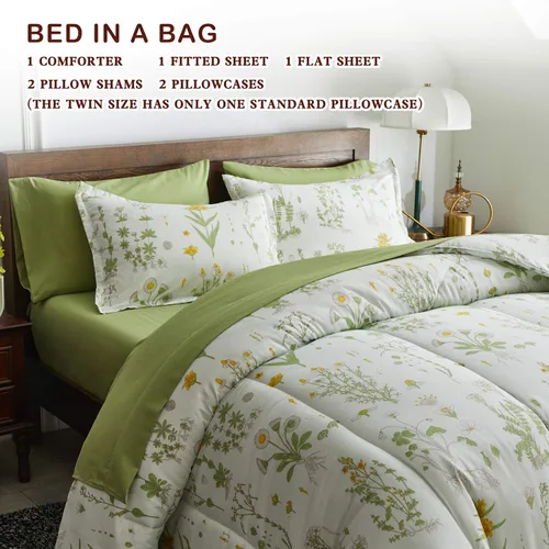 Vista 5 de Joyreap - Juego de ropa de cama tamaño individual completo en una bolsa, 6 piezas, diseño botánico de flores amarillas y hojas verdes, juego
