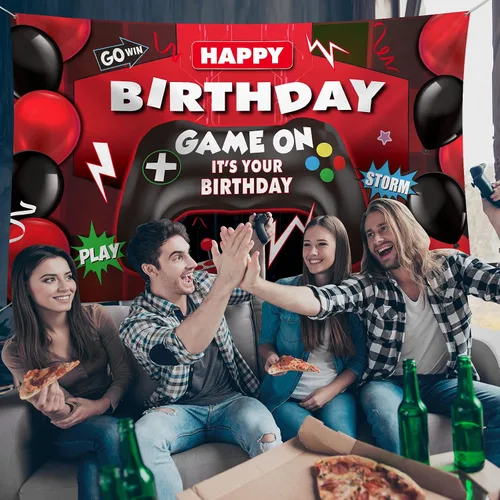 Vista 4 de Sumind Telón de fondo de videojuegos de feliz cumpleaños, decoración de fiesta de videojuegos, telón de fondo de cumpleaños para niños, fondo