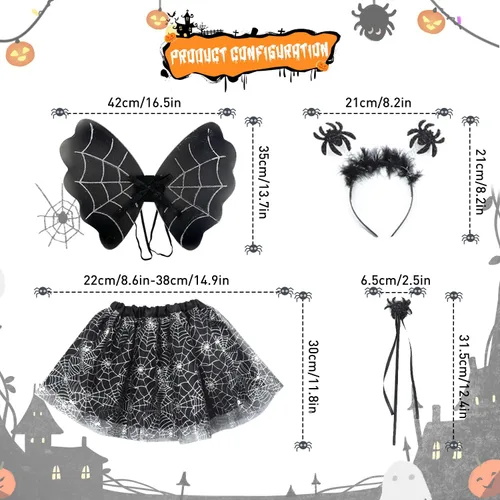 Vista 2 de Halloween Bat Costume Set for Kids, Tutu Skirt for Girls with Headband and Wand Bat Wings Halloween Party Dress up Kit