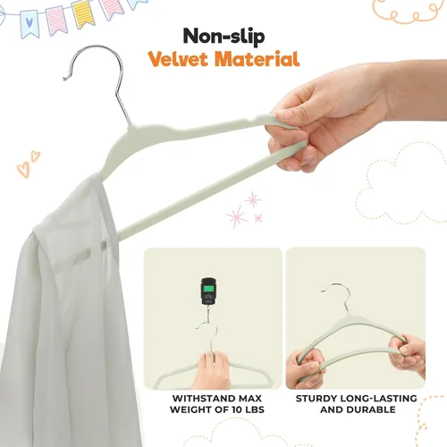 Vista 5 de Perchas de terciopelo para bebé con clips (paquete de 30) Perchas ultrafinas para ropa de bebé de 11 pulgadas Fieltro antideslizante Beige