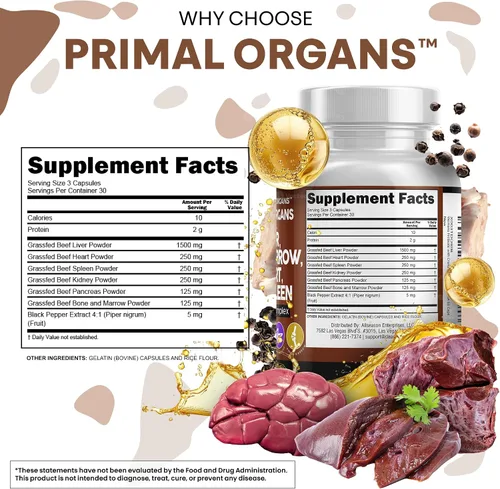 Vista 4 de Cápsulas de hígado de res alimentada con pasto de Clean Nutraceuticals - Suplemento de calidad premium empaquetado con corazón de res, bazo