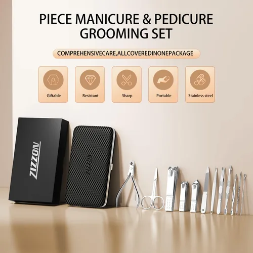 Vista 6 de ZIZZON Kit de manicura y pedicura, cortaúñas, juego de 12 piezas, kit de aseo profesional, herramientas de uñas con lujoso estuche de viaje