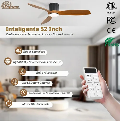 Vista 6 de Sofucor - Ventilador de techo inteligente de 52 pulgadas con luces, ventilador de techo empotrado moderno de perfil bajo con 6500 CFM, compatible