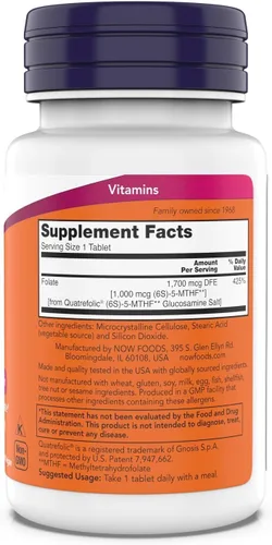 Vista 2 de Now Supplements Metil Folato 1,000 mcg, Folato Metabólicamente Activo, Vitamina Co-Enzima B, 180 Tabletas