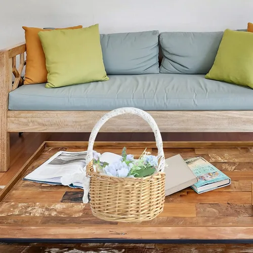 Vista 2 de Yardwe Cesta de niña, cesta de boda, cesta de mimbre con cinta, para boda, Pascua, cumpleaños