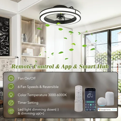 Vista 4 de Ventiladores de techo con luces y control remoto, ventilador de techo de perfil bajo de 20 pulgadas con aplicación Tuya y control de voz