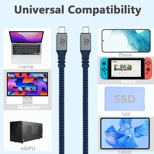 Vista 6 de Cable USB C 3.2 Gen 2, 6.6 pies 20 Gbps de transferencia de datos 4K de salida de video cable para monitor, carga rápida PD de 240 W para iPhone