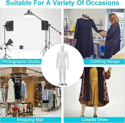 Vista 8 de Maniquí masculino de 6 pies con forma de cuerpo completo para vestido, soporte ajustable y posable, maniquí torso con base de metal, blanco