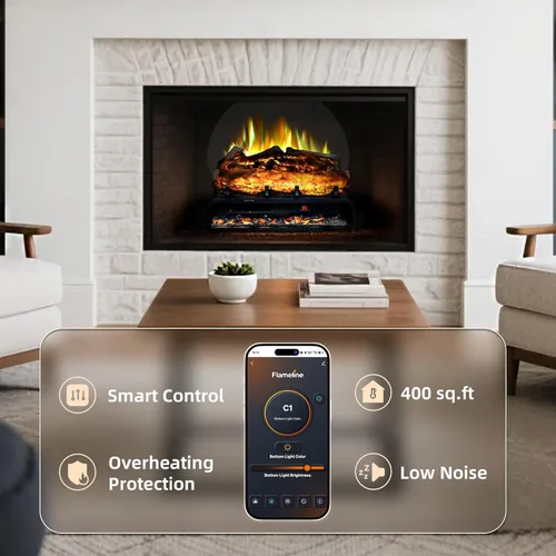 Vista 3 de Juego de troncos de chimenea eléctrica independiente WiFi de 24.5", calentador insertable de chimenea con temporizador de 9H, termostato, 6
