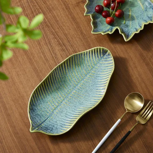 Vista 5 de VOMANA Bandeja decorativa de cerámica pequeña, bandeja de baratijas verde, soporte para platos de hojas, cuenco decorativo para anillos de joyería