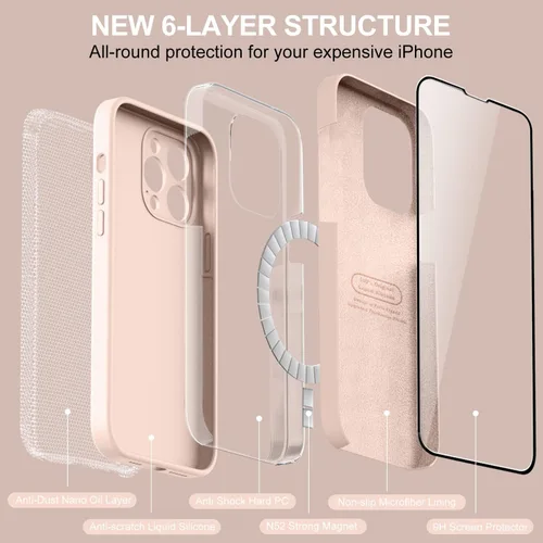 Vista 4 de Vooii Funda magnética compatible con iPhone 14 Pro Max, protector de pantalla 9H, protector de cámara, forro de microfibra suave, funda de silicona
