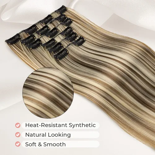 Vista 2 de LONAI - Extensiones de cabello con clip, 6 piezas, extensiones de cabello lacio de 24 pulgadas para mujer, postizo sintético resistente al calor